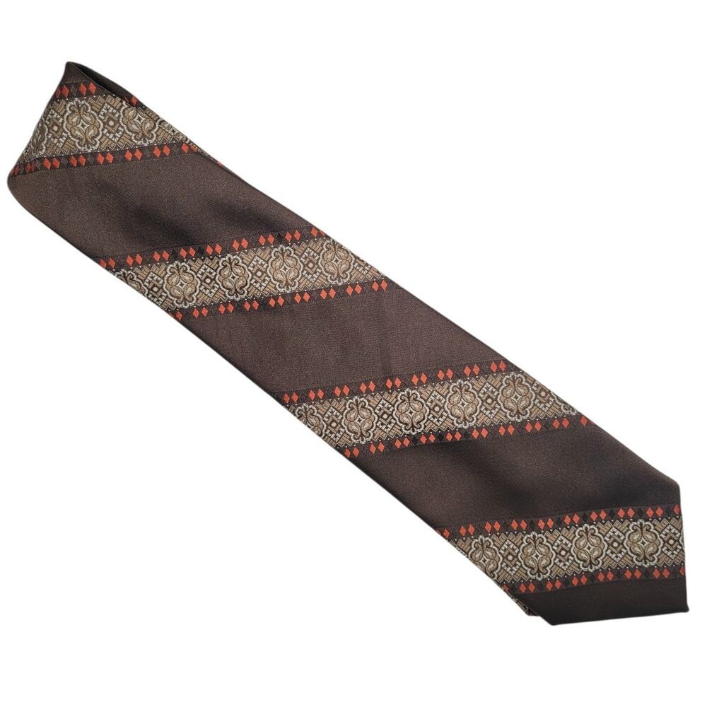 Vintage 70s Lilly Dache Men's Brown Orange Beige Geometric Striped Retro Tie